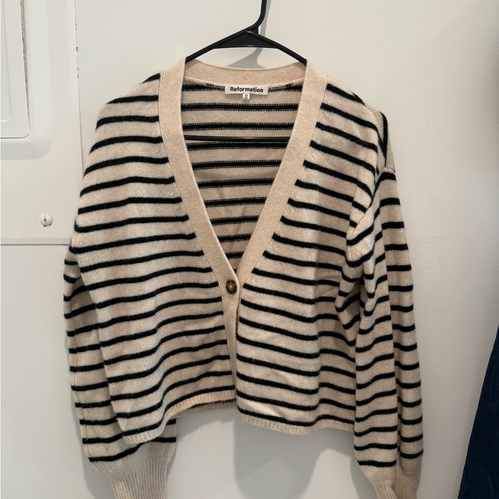 Reformation Cashmere Striped Black and Cream Cardigan